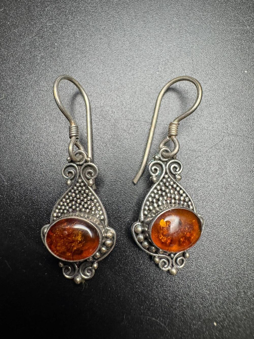 925 Sterling Silver Amber Dangle Earrings Filigree Teardrop Bohemian Jewelry
